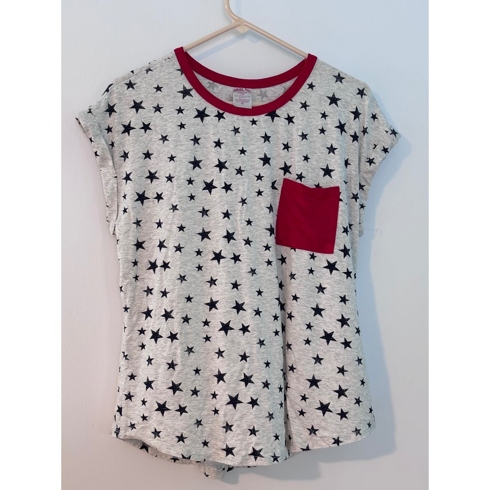 No Boundaries Women XXL Navy Star Print T-Shirt Red Pocket Ringer Tee Patriotic
